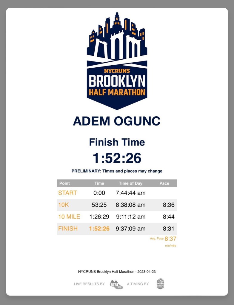 my Brooklyn marathon finish time one hour 52 minutes