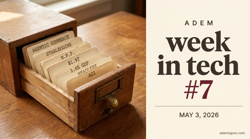 Vintage library card catalog drawer with typewritten index cards labeled Agentic Commerce, Stablecoins, M.P.P., $1.9T, 1.6% GDP, Headless, and AGI beside the Week in Tech #7 title.